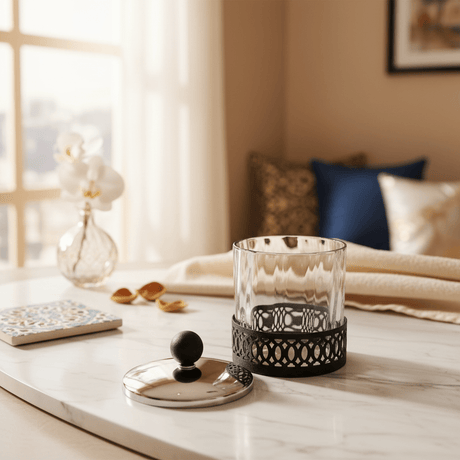 SBTC Glass Container with Metal Holder – Silver & Black Luxury Finish, Multipurpose Storage Jar, 4 × 4 Inch - Al Kabayel Discount CentreSBTC Glass Container with Metal Holder – Silver & Black Luxury Finish, Multipurpose Storage Jar, 4 × 4 InchJars & Food SaversSBTCAl Kabayel Discount Centre