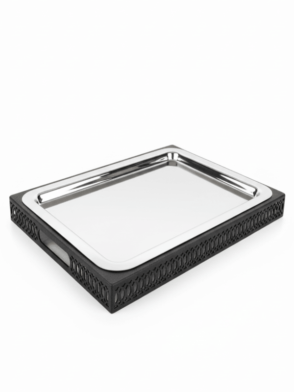SBTC Rectangular Decorative Metal Serving Tray – Silver Body with Black Contrast Design, Multipurpose Dining & Tea Tray, 34 × 18 cm - Al Kabayel Discount CentreSBTC Rectangular Decorative Metal Serving Tray – Silver Body with Black Contrast Design, Multipurpose Dining & Tea Tray, 34 × 18 cmServing TraysSBTCAl Kabayel Discount Centre
