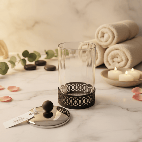 SBTC Round Glass Container with Metal Holder – Silver & Black Decorative Storage Box, 4 × 6 Inch - Al Kabayel Discount CentreSBTC Round Glass Container with Metal Holder – Silver & Black Decorative Storage Box, 4 × 6 InchJars & Food SaversSBTCAl Kabayel Discount Centre