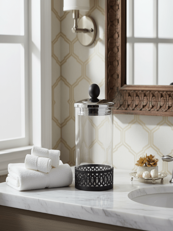 SBTC Round Glass Container with Metal Holder – Silver & Black Decorative Storage Box, 4 × 6 Inch - Al Kabayel Discount CentreSBTC Round Glass Container with Metal Holder – Silver & Black Decorative Storage Box, 4 × 6 InchJars & Food SaversSBTCAl Kabayel Discount Centre