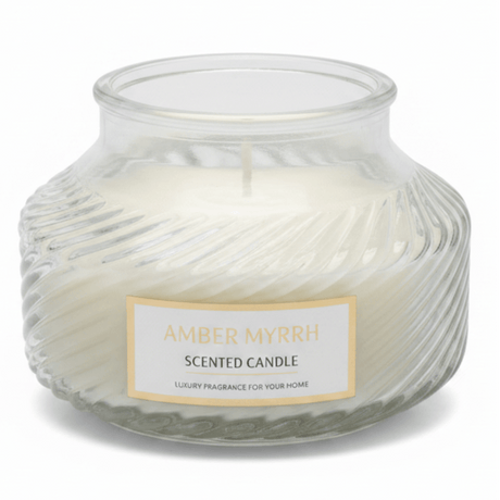 Scented Candle in Ribbed Glass Jar | Long-Lasting Home Fragrance | 8×8 cm | White Musk / Amber Myrrh / Wild Bluebell / Fresh Freesia - Al Kabayel Discount CentreScented Candle in Ribbed Glass Jar | Long-Lasting Home Fragrance | 8×8 cm | White Musk / Amber Myrrh / Wild Bluebell / Fresh FreesiaHome FragrancesAKDCAl Kabayel Discount Centre