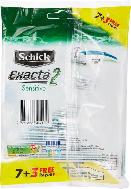 Schick Exacta2 Sensitive Twin Blade Disposable Razor For Men - Strip Enriched With Vitamin E & Aloe - Vera - Close & Smooth Shave - Push Clean Button - Slim Head - Non Slip Comfortable Rubber Grip - 7+3 Razors - Al Kabayel Discount CentreSchick Exacta2 Sensitive Twin Blade Disposable Razor For Men - Strip Enriched With Vitamin E & Aloe - Vera - Close & Smooth Shave - Push Clean Button - Slim Head - Non Slip Comfortable Rubber Grip - 7+3 RazorsPersonal Care & Styling ToolsSCHICKAl Kabayel Discoun