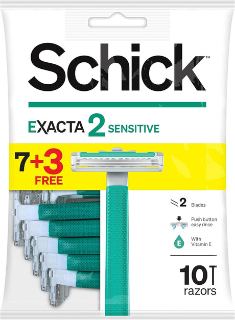 Schick Exacta2 Sensitive Twin Blade Disposable Razor For Men - Strip Enriched With Vitamin E & Aloe - Vera - Close & Smooth Shave - Push Clean Button - Slim Head - Non Slip Comfortable Rubber Grip - 7+3 Razors - Al Kabayel Discount CentreSchick Exacta2 Sensitive Twin Blade Disposable Razor For Men - Strip Enriched With Vitamin E & Aloe - Vera - Close & Smooth Shave - Push Clean Button - Slim Head - Non Slip Comfortable Rubber Grip - 7+3 RazorsPersonal Care & Styling ToolsSCHICKAl Kabayel Discoun