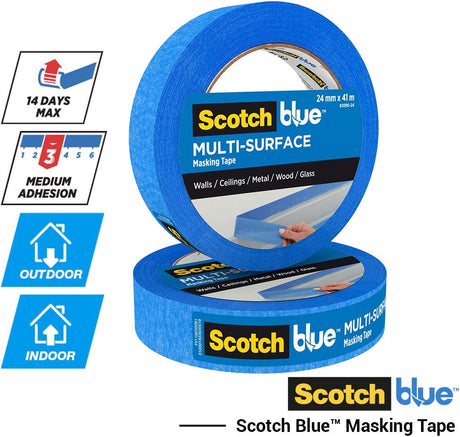 Scotch Blue Premium Masking Tape 24mm x 41m, 3 rolls/pack | Blue color | Masking and Protection | High adhesion | Multi - Surface | For walls, ceiling, metal, wood | Easy to Remove with no residue - Al Kabayel Discount CentreScotch Blue Premium Masking Tape 24mm x 41m, 3 rolls/pack | Blue color | Masking and Protection | High adhesion | Multi - Surface | For walls, ceiling, metal, wood | Easy to Remove with no residueTapes & Packaging Tapes3MAl Kabayel Discount Centre