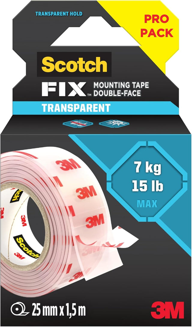 Scotch - Fix™ Clear Double - Sided Mounting Tape 410H - CLR - EU, 25mmx1.5m, 24 RL/CV - Al Kabayel Discount CentreScotch - Fix™ Clear Double - Sided Mounting Tape 410H - CLR - EU, 25mmx1.5m, 24 RL/CVTapes & Packaging Tapes3MAl Kabayel Discount Centre