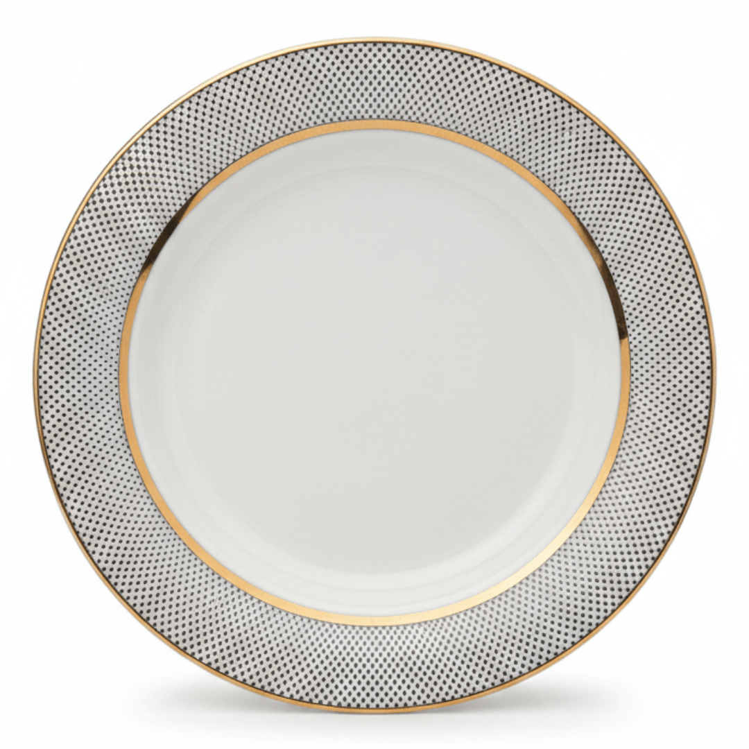 Shallow White Ceramic Dessert Plate with Gold Rim & Dotted Design — 8 Inch - Al Kabayel Discount CentreShallow White Ceramic Dessert Plate with Gold Rim & Dotted Design — 8 InchPlatesSHALLOWAl Kabayel Discount Centre