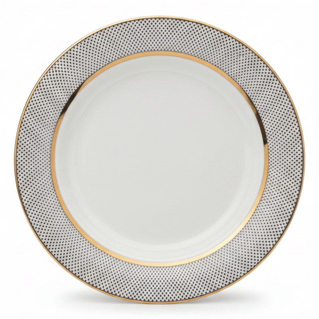 Shallow White Ceramic Dessert Plate with Gold Rim & Dotted Design — 8 Inch - Al Kabayel Discount CentreShallow White Ceramic Dessert Plate with Gold Rim & Dotted Design — 8 InchPlatesSHALLOWAl Kabayel Discount Centre
