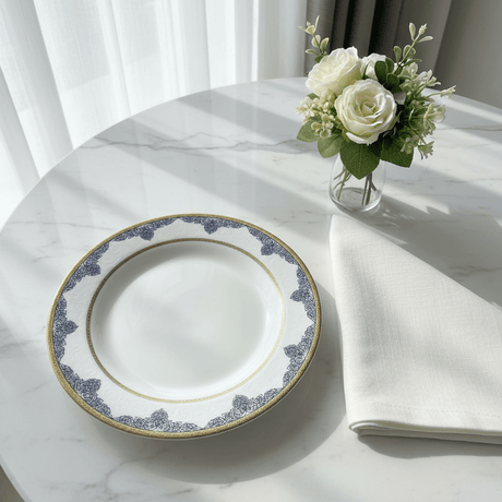 Shallow White Porcelain Dessert Plate with Golden Rim & Navy Blue Floral Design — 8 Inch - Al Kabayel Discount CentreShallow White Porcelain Dessert Plate with Golden Rim & Navy Blue Floral Design — 8 InchPlatesSHALLOWAl Kabayel Discount Centre