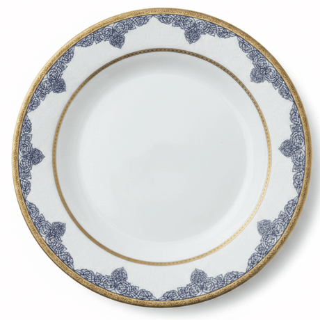 Shallow White Porcelain Dessert Plate with Golden Rim & Navy Blue Floral Design — 8 Inch - Al Kabayel Discount CentreShallow White Porcelain Dessert Plate with Golden Rim & Navy Blue Floral Design — 8 InchPlatesSHALLOWAl Kabayel Discount Centre