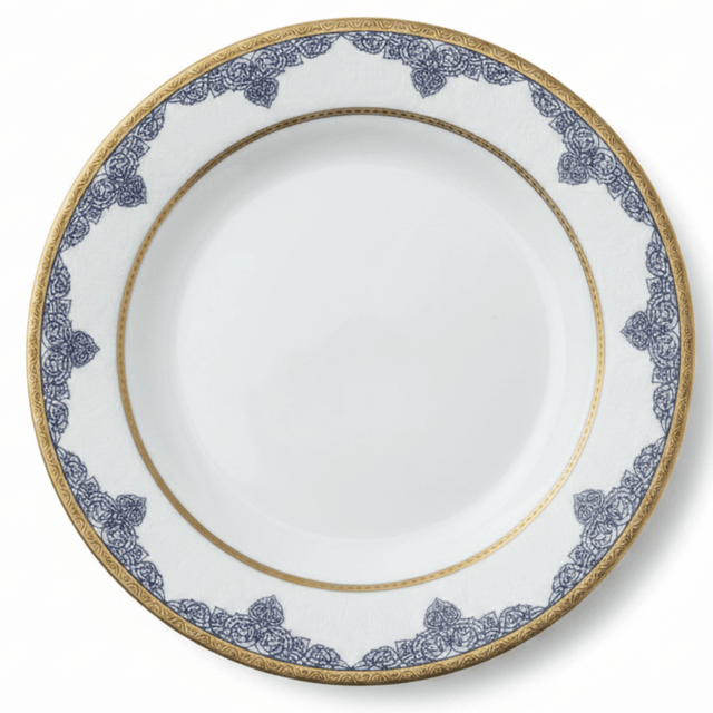 Shallow White Porcelain Dessert Plate with Golden Rim & Navy Blue Floral Design — 8 Inch - Al Kabayel Discount CentreShallow White Porcelain Dessert Plate with Golden Rim & Navy Blue Floral Design — 8 InchPlatesSHALLOWAl Kabayel Discount Centre