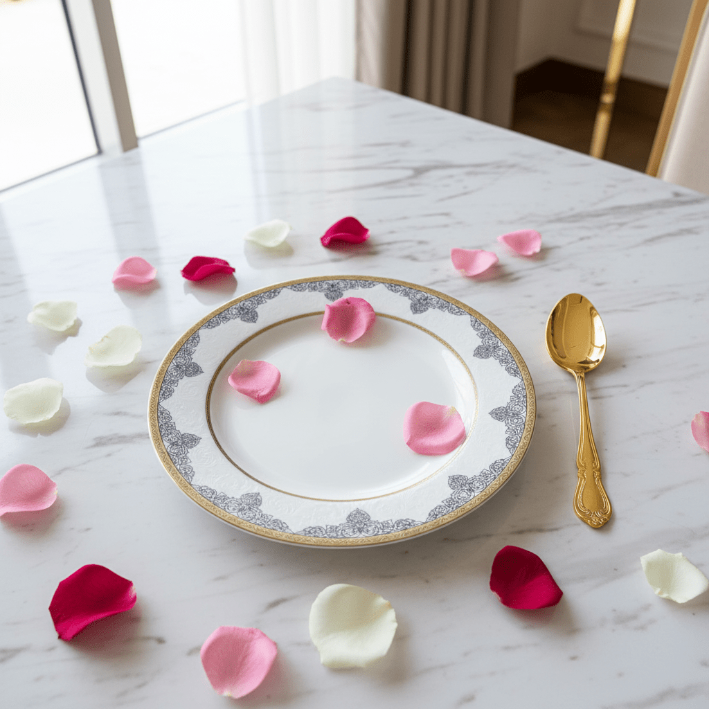Shallow White Porcelain Dinner Plate with Gold Rim & Arabesque Border — 10.5 Inch - Al Kabayel Discount CentreShallow White Porcelain Dinner Plate with Gold Rim & Arabesque Border — 10.5 InchPlatesSHALLOWAl Kabayel Discount Centre
