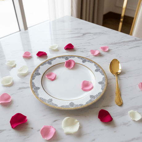 Shallow White Porcelain Dinner Plate with Gold Rim & Arabesque Border — 10.5 Inch - Al Kabayel Discount CentreShallow White Porcelain Dinner Plate with Gold Rim & Arabesque Border — 10.5 InchPlatesSHALLOWAl Kabayel Discount Centre