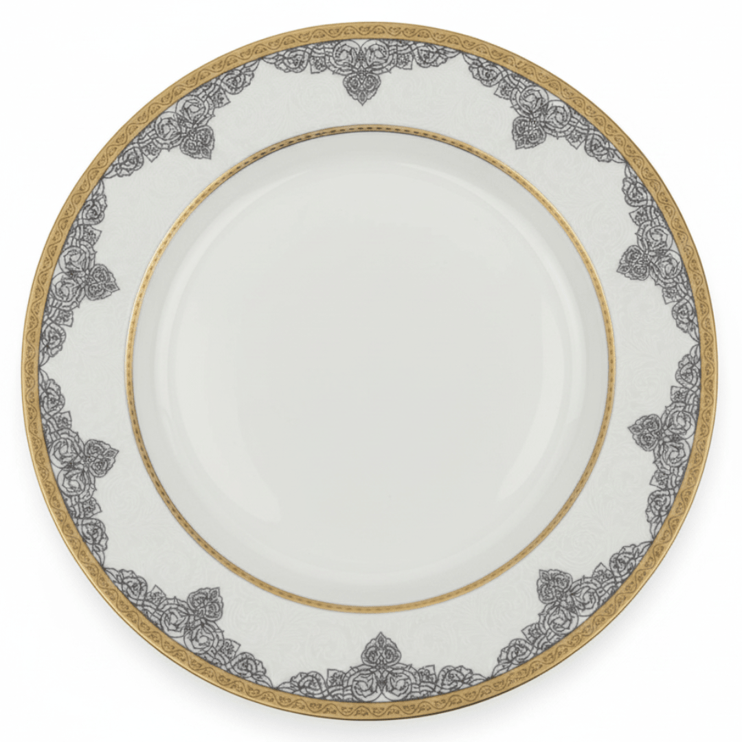 Shallow White Porcelain Dinner Plate with Gold Rim & Arabesque Border — 10.5 Inch - Al Kabayel Discount CentreShallow White Porcelain Dinner Plate with Gold Rim & Arabesque Border — 10.5 InchPlatesSHALLOWAl Kabayel Discount Centre