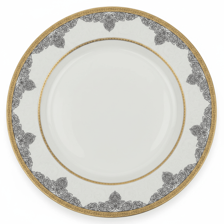 Shallow White Porcelain Dinner Plate with Gold Rim & Arabesque Border — 10.5 Inch - Al Kabayel Discount CentreShallow White Porcelain Dinner Plate with Gold Rim & Arabesque Border — 10.5 InchPlatesSHALLOWAl Kabayel Discount Centre