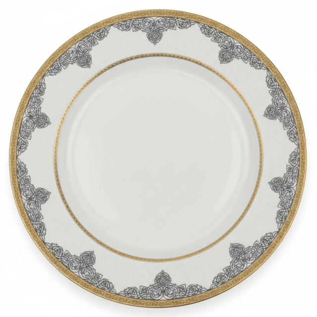 Shallow White Porcelain Dinner Plate with Gold Rim & Arabesque Border — 10.5 Inch - Al Kabayel Discount CentreShallow White Porcelain Dinner Plate with Gold Rim & Arabesque Border — 10.5 InchPlatesSHALLOWAl Kabayel Discount Centre