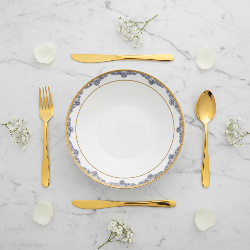 Shallow White Porcelain Serving Bowl with Gold Rim & Floral Design — 9 Inch - Al Kabayel Discount CentreShallow White Porcelain Serving Bowl with Gold Rim & Floral Design — 9 InchBowlsSHALLOWAl Kabayel Discount Centre