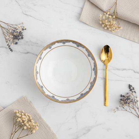 Shallow White Porcelain Soup Bowl with Golden Rim & Blue Floral Design — 6 Inch - Al Kabayel Discount CentreShallow White Porcelain Soup Bowl with Golden Rim & Blue Floral Design — 6 InchBowlsSHALLOWAl Kabayel Discount Centre
