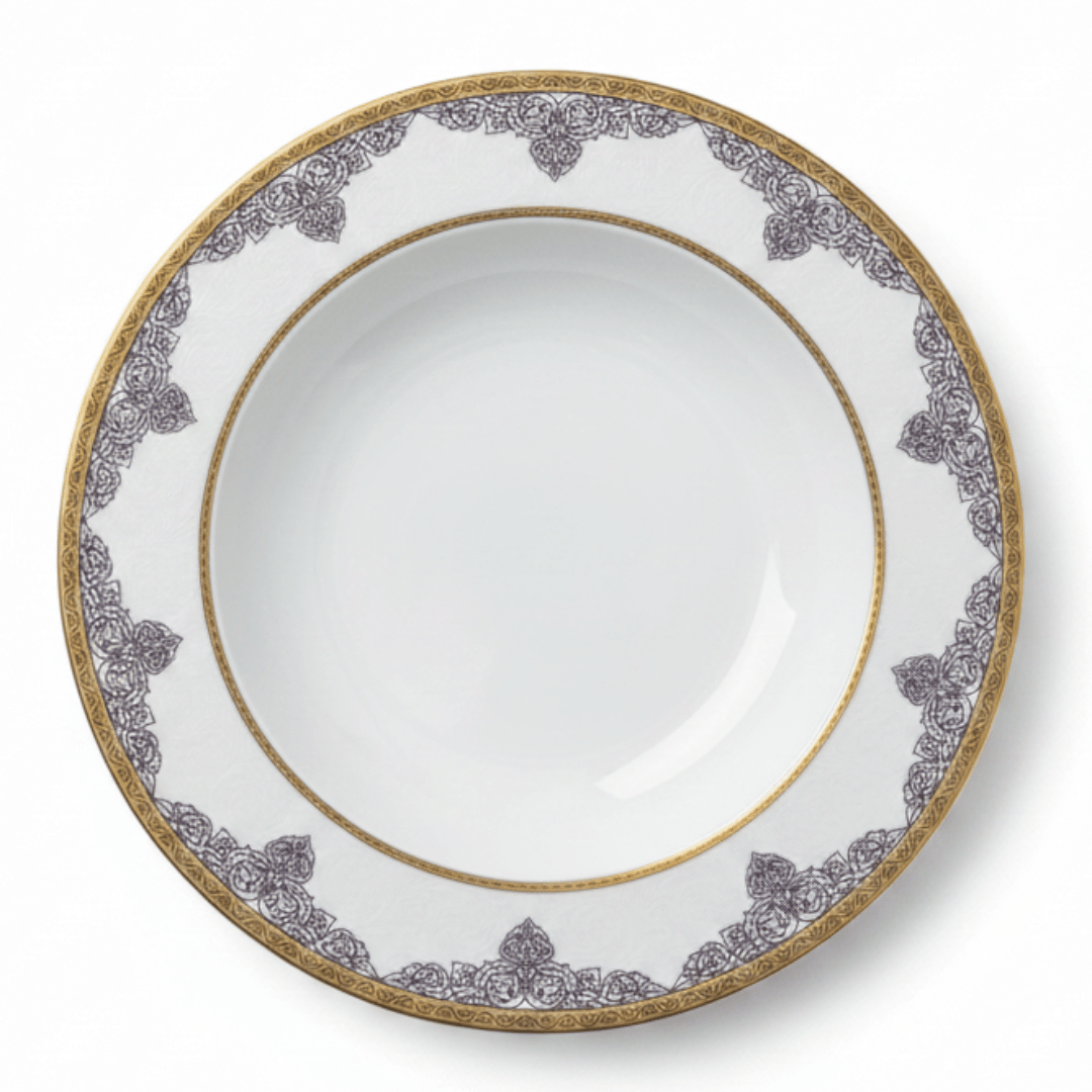 Shallow White Porcelain Soup Plate with Gold Arabesque Rim | 9 Inch | Fine Dining Serveware - Al Kabayel Discount CentreShallow White Porcelain Soup Plate with Gold Arabesque Rim | 9 Inch | Fine Dining ServewarePlatesSHALLOWAl Kabayel Discount Centre