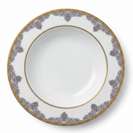 Shallow White Porcelain Soup Plate with Gold Arabesque Rim | 9 Inch | Fine Dining Serveware - Al Kabayel Discount CentreShallow White Porcelain Soup Plate with Gold Arabesque Rim | 9 Inch | Fine Dining ServewarePlatesSHALLOWAl Kabayel Discount Centre