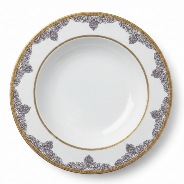 Shallow White Porcelain Soup Plate with Gold Arabesque Rim | 9 Inch | Fine Dining Serveware - Al Kabayel Discount CentreShallow White Porcelain Soup Plate with Gold Arabesque Rim | 9 Inch | Fine Dining ServewarePlatesSHALLOWAl Kabayel Discount Centre