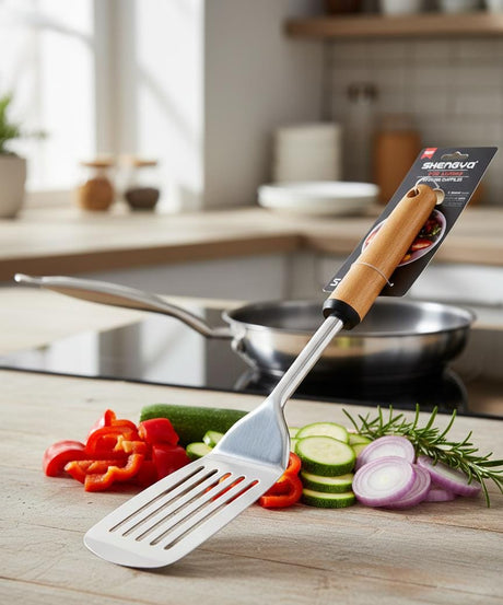 Shengya Stainless Steel Slotted Turner with Wooden Handle – Perfect for Frying & Draining Foods (33 cm) - Al Kabayel Discount CentreShengya Stainless Steel Slotted Turner with Wooden Handle – Perfect for Frying & Draining Foods (33 cm)Turner SpatulaSHENGYAAl Kabayel Discount Centre