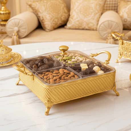 Silu 4 - Section Acrylic Candy Organizer with Square Gold Metal Holder – Stylish Storage Box for Snacks & Sweets – 28 × 9.5 cm - Al Kabayel Discount CentreSilu 4 - Section Acrylic Candy Organizer with Square Gold Metal Holder – Stylish Storage Box for Snacks & Sweets – 28 × 9.5 cmJars & Food SaversSILUAl Kabayel Discount Centre
