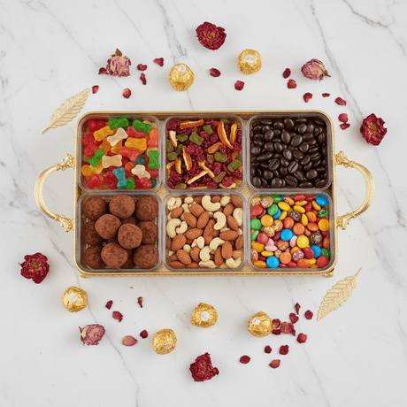 Silu 6 - Section Acrylic Candy Display Box with Gold Metal Holder – Elegant Organizer for Dry Fruits, Nuts & Chocolates – 35 × 28 cm - Al Kabayel Discount CentreSilu 6 - Section Acrylic Candy Display Box with Gold Metal Holder – Elegant Organizer for Dry Fruits, Nuts & Chocolates – 35 × 28 cmJars & Food SaversSILUAl Kabayel Discount Centre