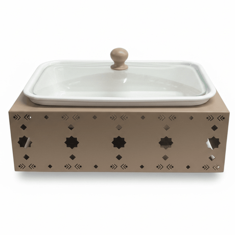 Silu Premium White Rectangular Ceramic Serving Tray Dish with Taupe Metal Stand and Heat - Resistant Glass Lid for Serving and Dining (32 × 20 cm) - Al Kabayel Discount CentreSilu Premium White Rectangular Ceramic Serving Tray Dish with Taupe Metal Stand and Heat - Resistant Glass Lid for Serving and Dining (32 × 20 cm)Serving TraysSILUAl Kabayel Discount Centre