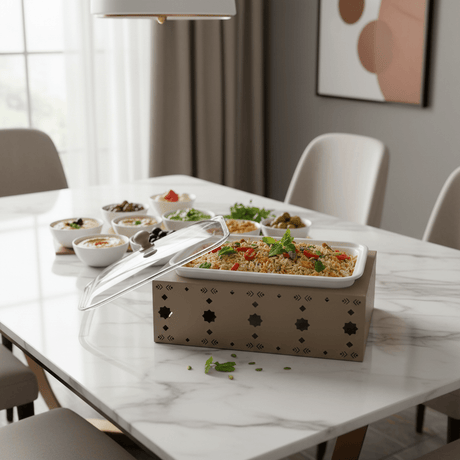 Silu Premium White Rectangular Ceramic Serving Tray Dish with Taupe Metal Stand and Heat - Resistant Glass Lid for Serving and Dining (32 × 20 cm) - Al Kabayel Discount CentreSilu Premium White Rectangular Ceramic Serving Tray Dish with Taupe Metal Stand and Heat - Resistant Glass Lid for Serving and Dining (32 × 20 cm)Serving TraysSILUAl Kabayel Discount Centre