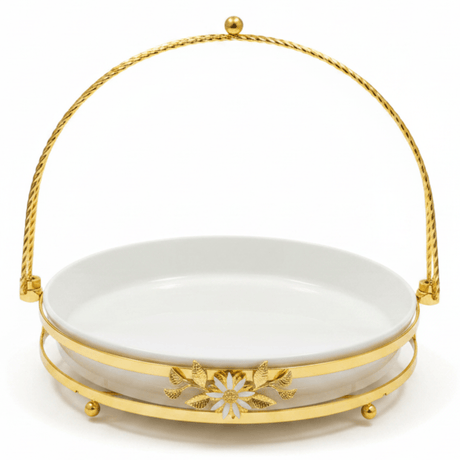 Silu White Ceramic Round Serving Tray with Ornate Golden Metal Base & Arched Handle – 10 Inch - Al Kabayel Discount CentreSilu White Ceramic Round Serving Tray with Ornate Golden Metal Base & Arched Handle – 10 InchServing TraysSILUAl Kabayel Discount Centre