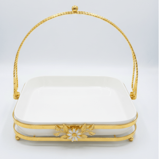 Silu White Ceramic Square Serving Tray with Ornate Golden Metal Arch Handle & Lotus Base — 10 Inch - Al Kabayel Discount CentreSilu White Ceramic Square Serving Tray with Ornate Golden Metal Arch Handle & Lotus Base — 10 InchServing TraysSILUAl Kabayel Discount Centre