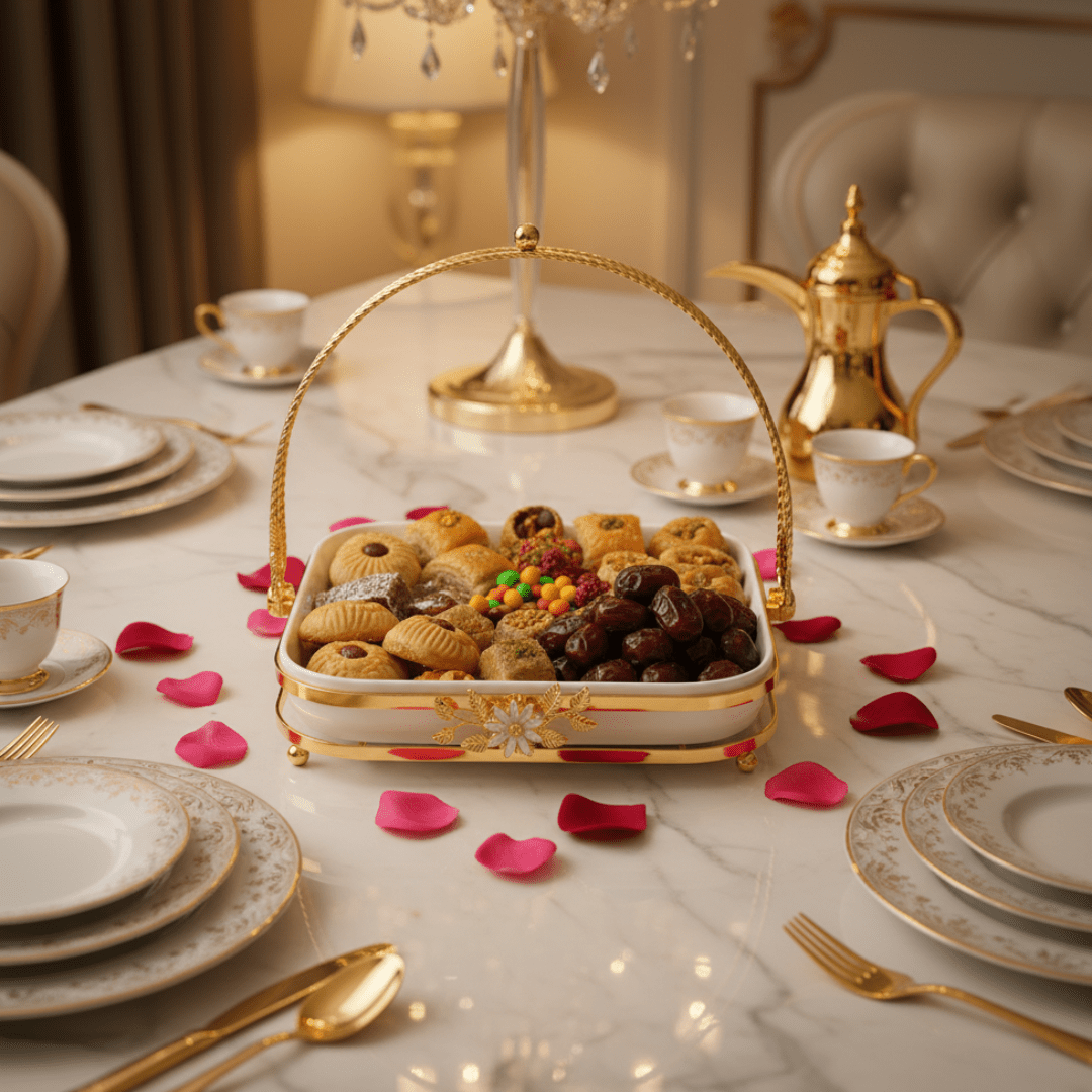 Silu White Ceramic Square Serving Tray with Ornate Golden Metal Arch Handle & Lotus Base — 10 Inch - Al Kabayel Discount CentreSilu White Ceramic Square Serving Tray with Ornate Golden Metal Arch Handle & Lotus Base — 10 InchServing TraysSILUAl Kabayel Discount Centre