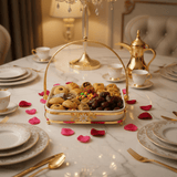Silu White Ceramic Square Serving Tray with Ornate Golden Metal Arch Handle & Lotus Base — 10 Inch - Al Kabayel Discount CentreSilu White Ceramic Square Serving Tray with Ornate Golden Metal Arch Handle & Lotus Base — 10 InchServing TraysSILUAl Kabayel Discount Centre