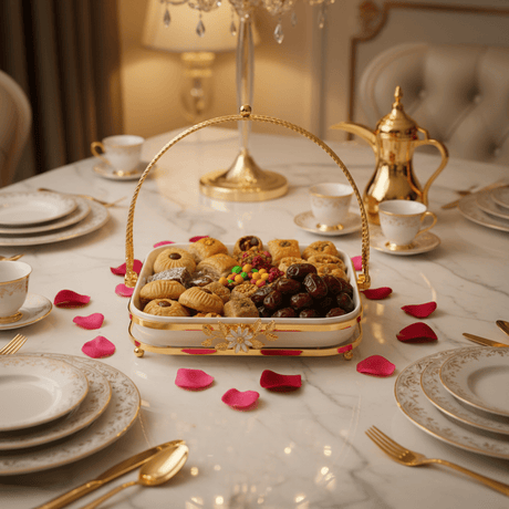 Silu White Ceramic Square Serving Tray with Ornate Golden Metal Arch Handle & Lotus Base — 10 Inch - Al Kabayel Discount CentreSilu White Ceramic Square Serving Tray with Ornate Golden Metal Arch Handle & Lotus Base — 10 InchServing TraysSILUAl Kabayel Discount Centre