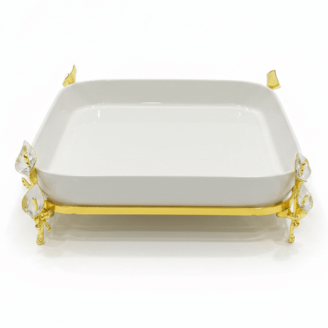 Silu White Ceramic Square Serving Tray with Ornate Golden Metal Base 10 Inch - Al Kabayel Discount CentreSilu White Ceramic Square Serving Tray with Ornate Golden Metal Base 10 InchServing TraysSILUAl Kabayel Discount Centre