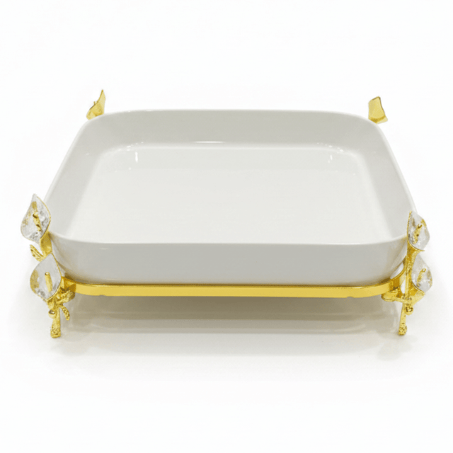 Silu White Ceramic Square Serving Tray with Ornate Golden Metal Base 10 Inch - Al Kabayel Discount CentreSilu White Ceramic Square Serving Tray with Ornate Golden Metal Base 10 InchServing TraysSILUAl Kabayel Discount Centre