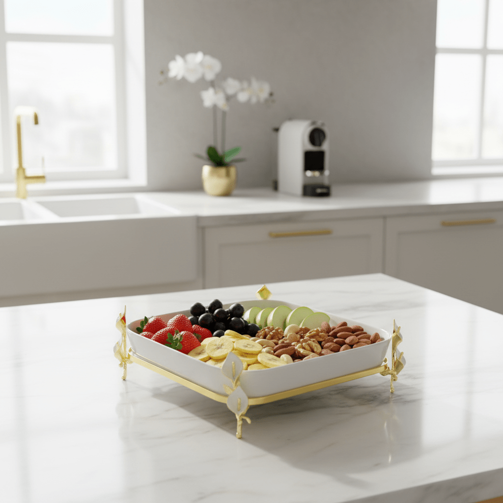 Silu White Ceramic Square Serving Tray with Ornate Golden Metal Base 10 Inch - Al Kabayel Discount CentreSilu White Ceramic Square Serving Tray with Ornate Golden Metal Base 10 InchServing TraysSILUAl Kabayel Discount Centre