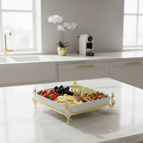 Silu White Ceramic Square Serving Tray with Ornate Golden Metal Base 10 Inch - Al Kabayel Discount CentreSilu White Ceramic Square Serving Tray with Ornate Golden Metal Base 10 InchServing TraysSILUAl Kabayel Discount Centre