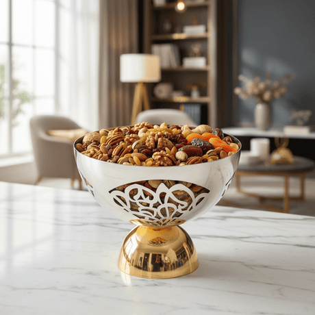 Silver & Gold Stainless Steel Footed Candy Bowl | 25×20cm | Etched Floral Design - Al Kabayel Discount CentreSilver & Gold Stainless Steel Footed Candy Bowl | 25×20cm | Etched Floral DesignBowlsAKDCAl Kabayel Discount Centre