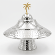 Silver Hammered Metal Footed Round Dates Bowl with Elegant Wide-Brim Lid & Gold Palm Tree Finial — 22×12 cm - Al Kabayel Discount CentreSilver Hammered Metal Footed Round Dates Bowl with Elegant Wide-Brim Lid & Gold Palm Tree Finial — 22×12 cmBowlsAKDCAl Kabayel Discount Centre