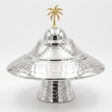Silver Hammered Metal Footed Round Dates Bowl with Elegant Wide-Brim Lid & Gold Palm Tree Finial — 22×12 cm - Al Kabayel Discount CentreSilver Hammered Metal Footed Round Dates Bowl with Elegant Wide-Brim Lid & Gold Palm Tree Finial — 22×12 cmBowlsAKDCAl Kabayel Discount Centre