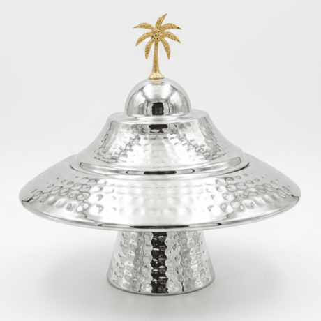 Silver Hammered Metal Footed Round Dates Bowl with Elegant Wide-Brim Lid & Gold Palm Tree Finial — 22×12 cm - Al Kabayel Discount CentreSilver Hammered Metal Footed Round Dates Bowl with Elegant Wide-Brim Lid & Gold Palm Tree Finial — 22×12 cmBowlsAKDCAl Kabayel Discount Centre