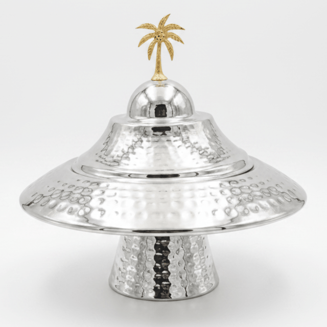 Silver Hammered Metal Footed Round Dates Bowl with Elegant Wide-Brim Lid & Gold Palm Tree Finial — 22×12 cm - Al Kabayel Discount CentreSilver Hammered Metal Footed Round Dates Bowl with Elegant Wide-Brim Lid & Gold Palm Tree Finial — 22×12 cmBowlsAKDCAl Kabayel Discount Centre