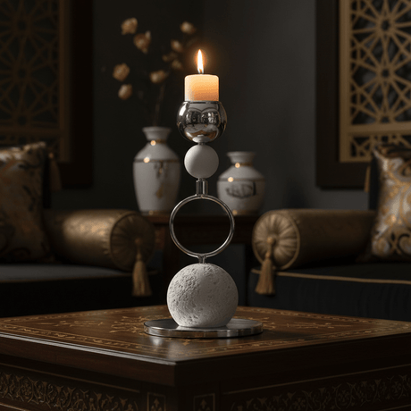 Silver Metal Candle Holder with Round Chalk Base – 20cm - Al Kabayel Discount CentreSilver Metal Candle Holder with Round Chalk Base – 20cmHome Décor AccentsAKDCAl Kabayel Discount Centre