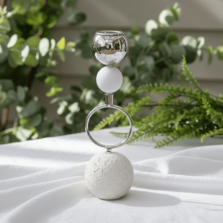 Silver Metal Candle Holder with Round Chalk Base – 20cm - Al Kabayel Discount CentreSilver Metal Candle Holder with Round Chalk Base – 20cmHome Décor AccentsAKDCAl Kabayel Discount Centre