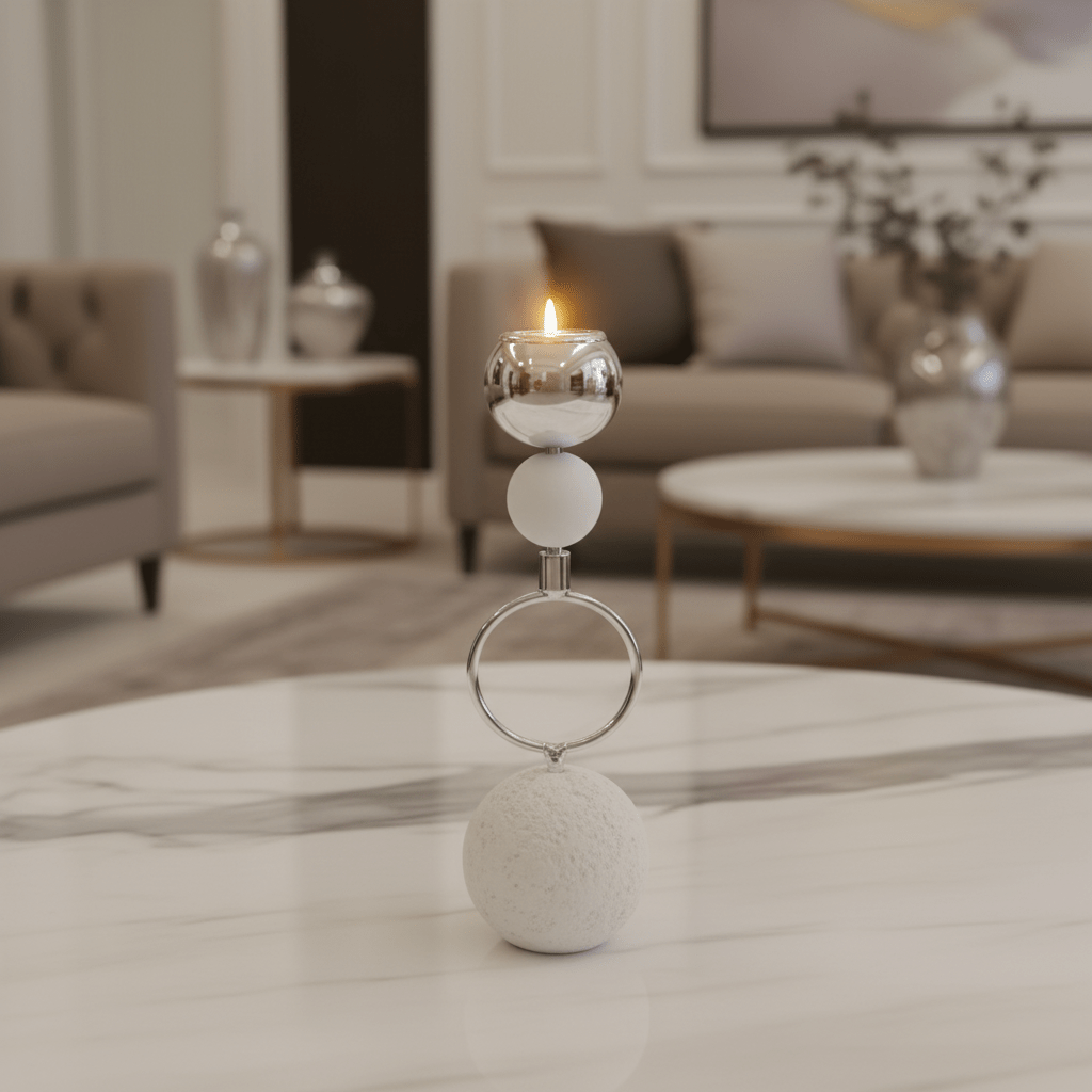 Silver Metal Candle Holder with Round Chalk Base – 20cm - Al Kabayel Discount CentreSilver Metal Candle Holder with Round Chalk Base – 20cmHome Décor AccentsAKDCAl Kabayel Discount Centre