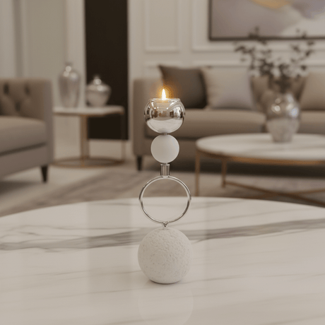 Silver Metal Candle Holder with Round Chalk Base – 20cm - Al Kabayel Discount CentreSilver Metal Candle Holder with Round Chalk Base – 20cmHome Décor AccentsAKDCAl Kabayel Discount Centre