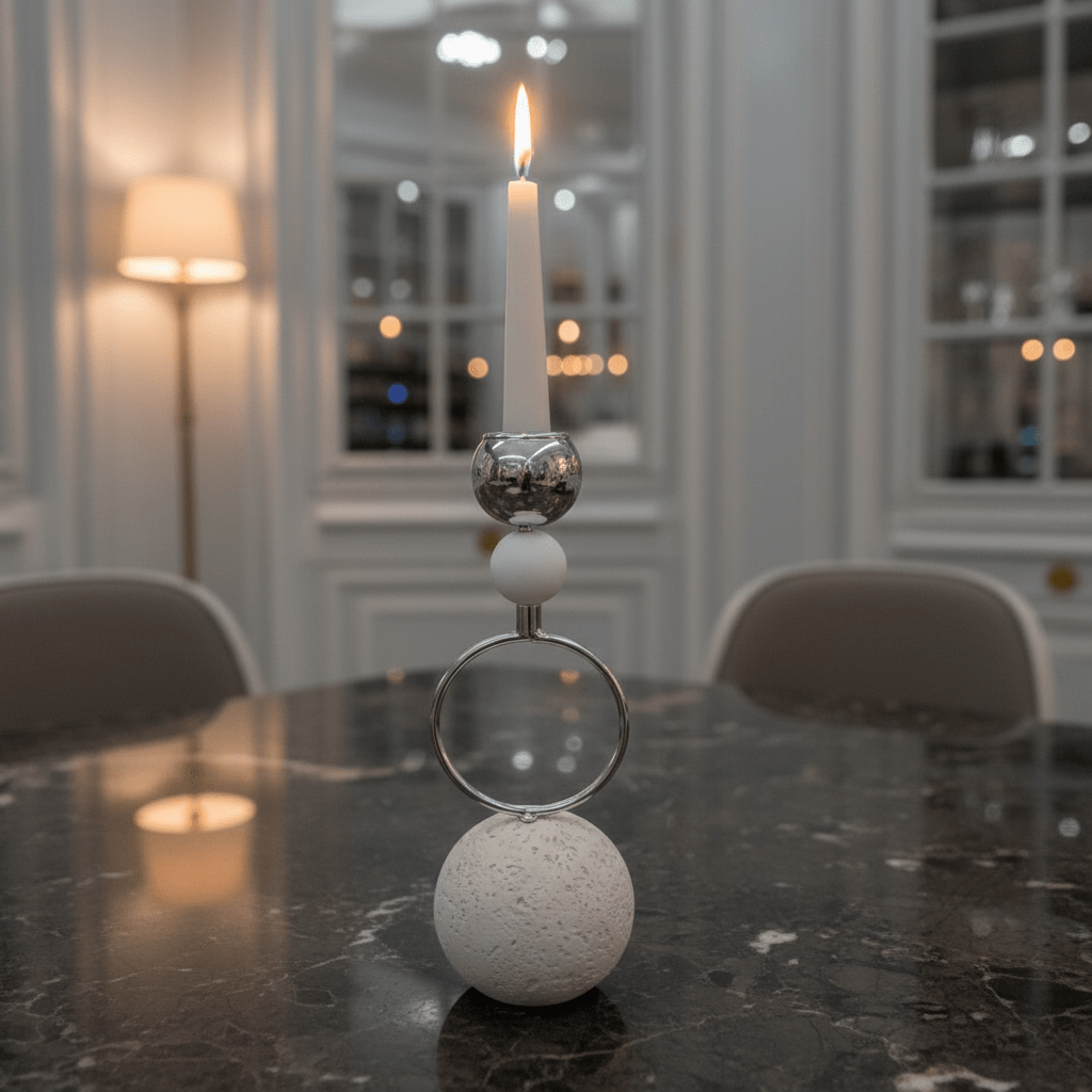 Silver Metal Candle Holder with White Round Chalk Base for Table Centerpieces – 23cm - Al Kabayel Discount CentreSilver Metal Candle Holder with White Round Chalk Base for Table Centerpieces – 23cmHome Décor AccentsAKDCAl Kabayel Discount Centre
