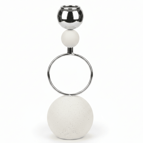 Silver Metal Candle Holder with White Round Chalk Base for Table Centerpieces – 23cm - Al Kabayel Discount CentreSilver Metal Candle Holder with White Round Chalk Base for Table Centerpieces – 23cmHome Décor AccentsAKDCAl Kabayel Discount Centre