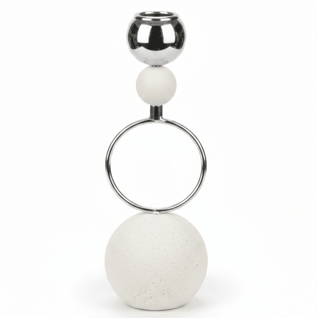 Silver Metal Candle Holder with White Round Chalk Base for Table Centerpieces – 23cm - Al Kabayel Discount CentreSilver Metal Candle Holder with White Round Chalk Base for Table Centerpieces – 23cmHome Décor AccentsAKDCAl Kabayel Discount Centre